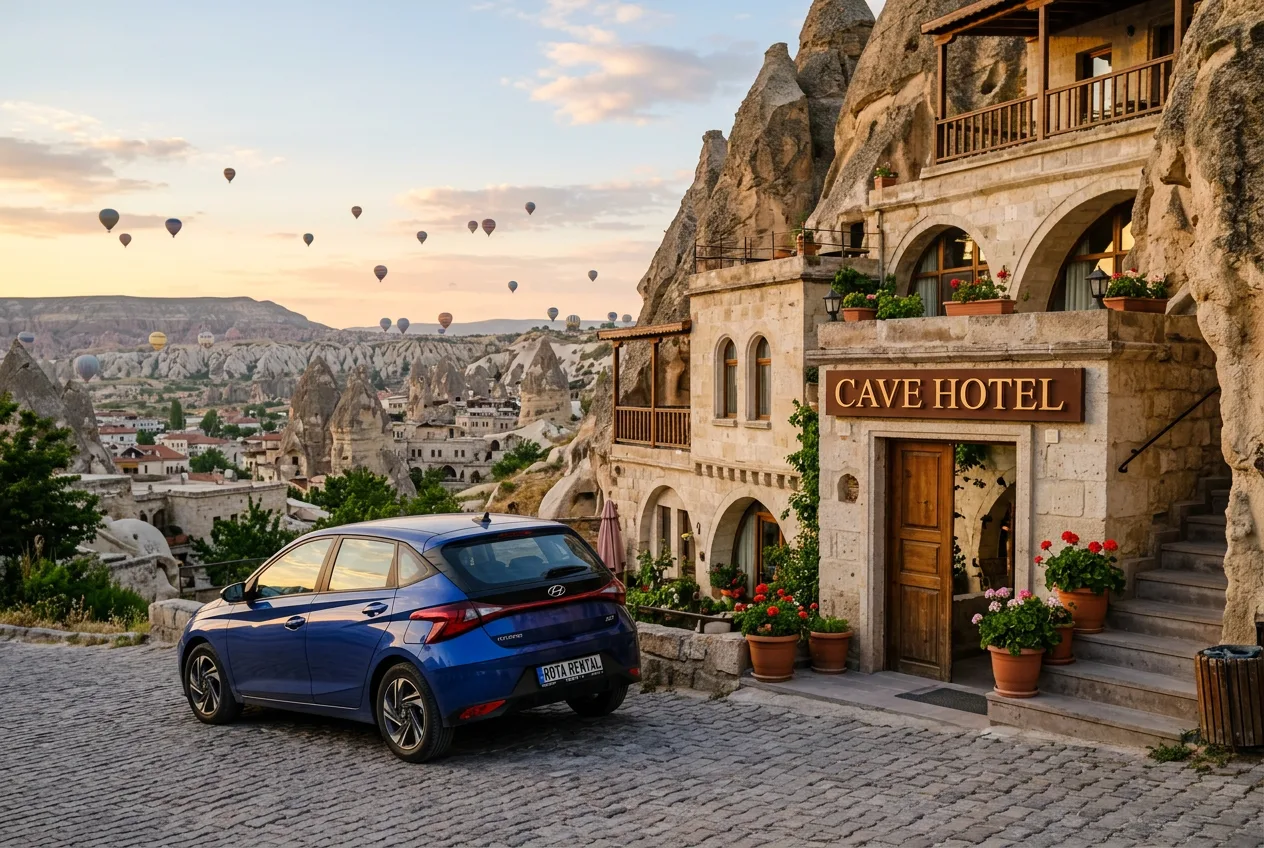 View over Goreme in Cappadocia with fairy chimneys and cave hotels